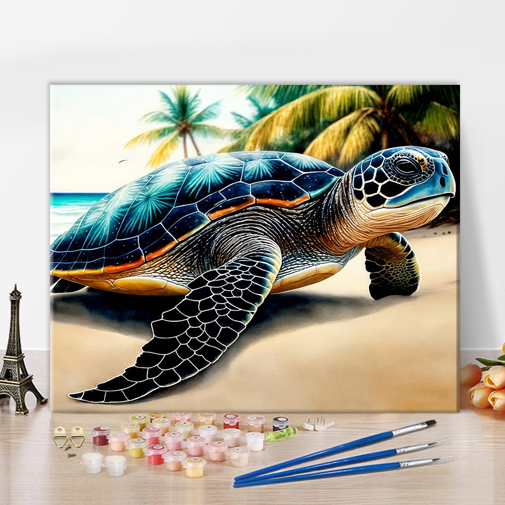 Sea Turtle Paint by Numbers for Adults with Brushes Beach Oil Painting by Numbers Adult Paint by Number Kits on Canvas Art Crafts Gifts 16"x20"(Frameless)