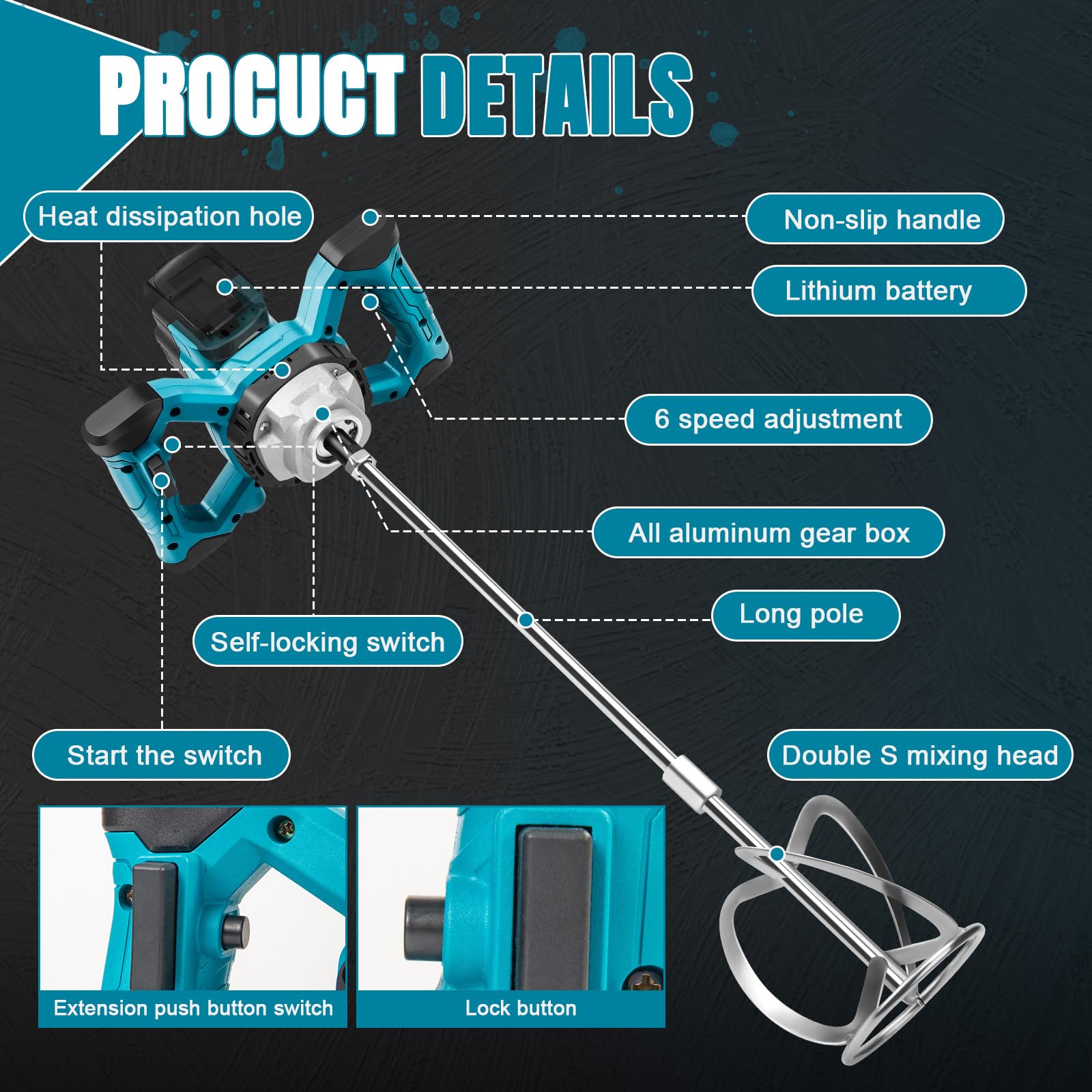 Mélangeur sans fil pour peinture et béton, compatible avec batterie Makita 18 V (sans batterie), mélangeur de mortier sans balais avec 6 vitesses et gants, pour mélanger les aliments, le mortier, la
