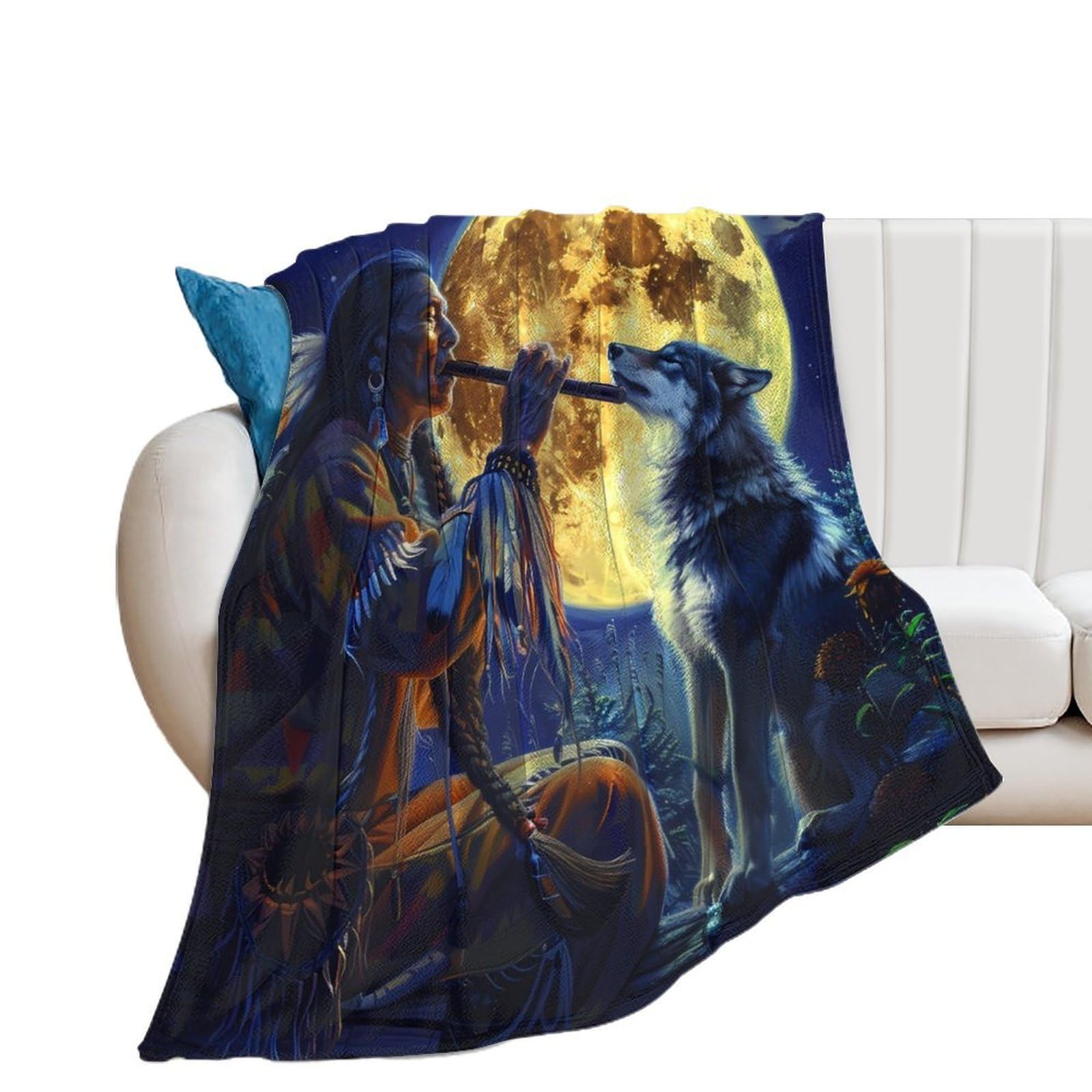 Nclqvjxzkhw Men's Style Tribal Wolf Song Native Am-Ericans Flannel Blanket Soft Throw Blankets Bed Couch Sofa Travel