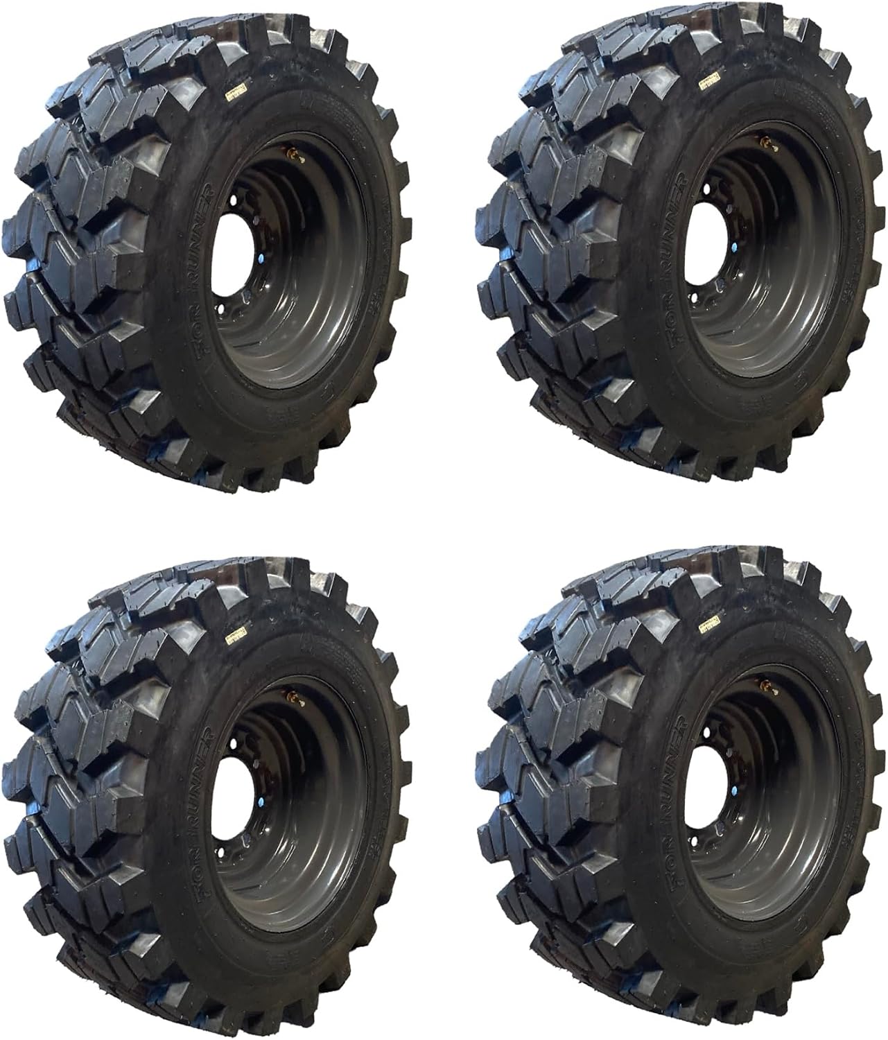 Set of 4-Heavy Duty 12-16.5 Forerunner SKS-9 Skid Steer Tires on Gray Wheels/Rims (8 lug) for Case, New Holland & more - 12X16.5-14 PLY - Good Snow Traction - Self-cleaning tread (SKS753 STYLE)