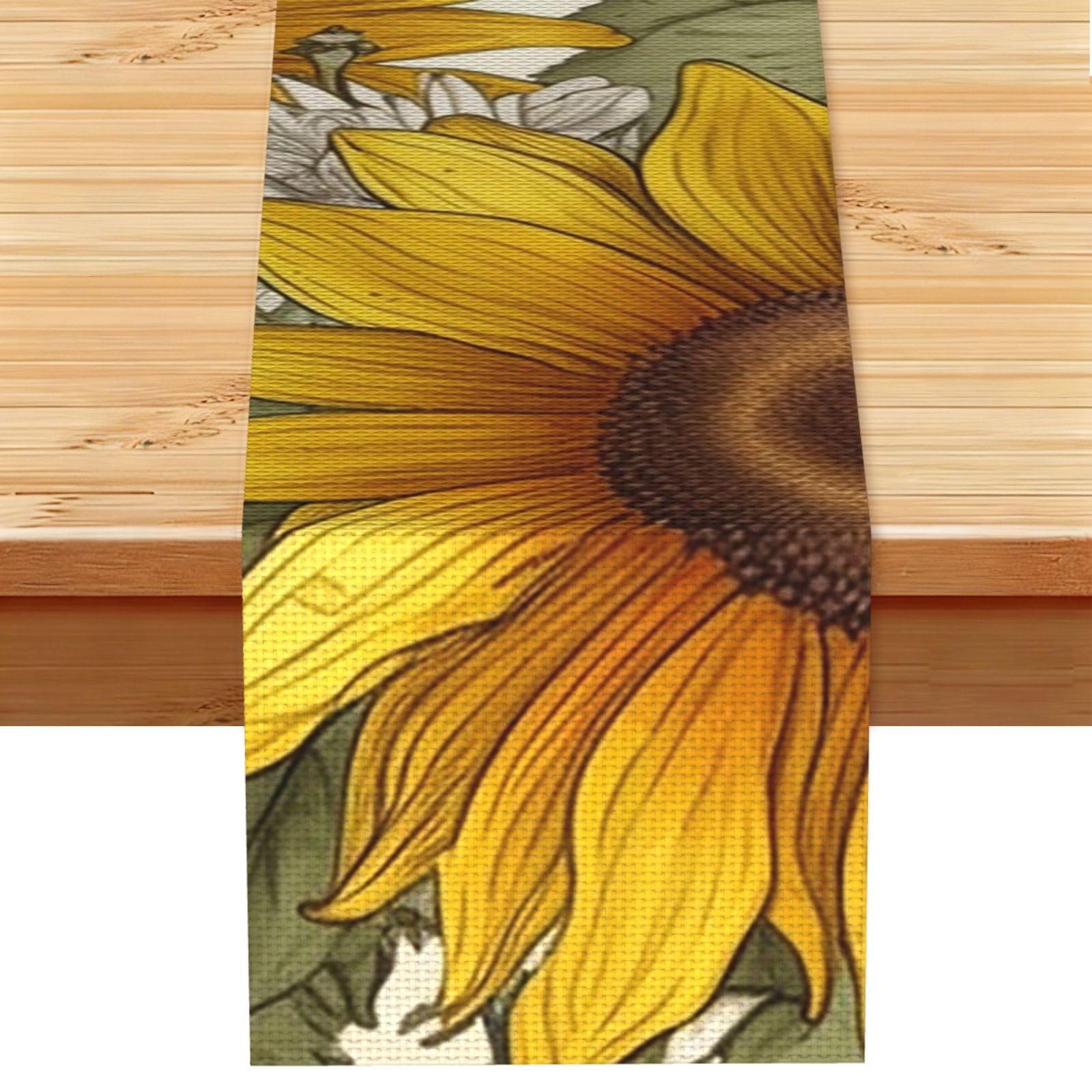 Fodpand Black Rustic Cotton Linen Table Runner, Bees Sunflowers Daisy Rose Flowers Table Runners 13 X 72 Inches, Modern Elegant Farmhouse Tablecloth, Washable Kitchen Dining Table Decoration For Home Party Decor