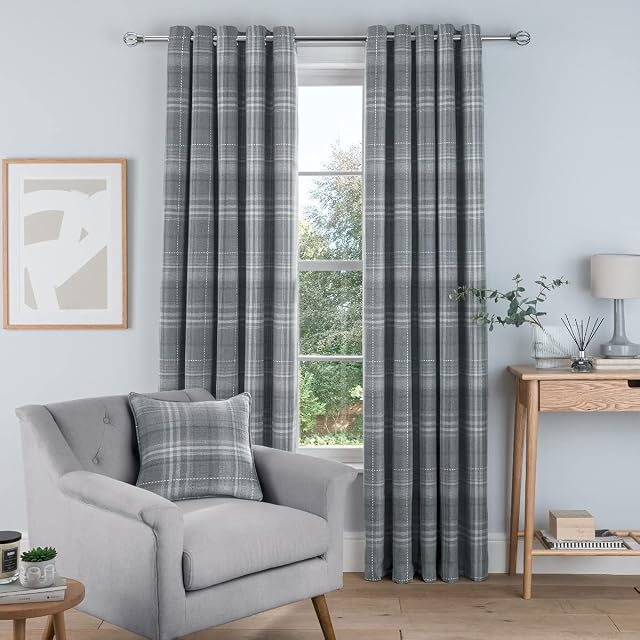 Sleepdown Woven Brushed Check Eyelet Lined Curtains for Bedroom and Living Room 46 x 54 Inch Grey 2 Panels