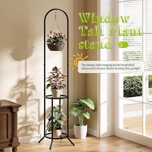 Miniatura 3 de Soporte para plantas con ganchos para interiores y exteriores, soporte alto de metal resistente de 3 niveles para plantas, para patio, jardín