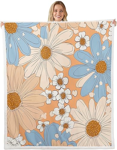 Miniatura 15 de Manta de vellón Kawaii Mushroom Boho – Hippie Groovy Floral Sherpa Queen – 60s 70s Retro Vintage Theme Throw – Chic Daisy Flower Plush Geometric