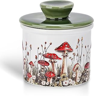 Fungi Fun Mushroom Butter Crock, Ceramic French Butter Dish with Lid for Countertop, Decorative Mushroom Kitchen Accessories and Kitchen Decor, Airtight Ceramic Container & Keeper White, Red & Green