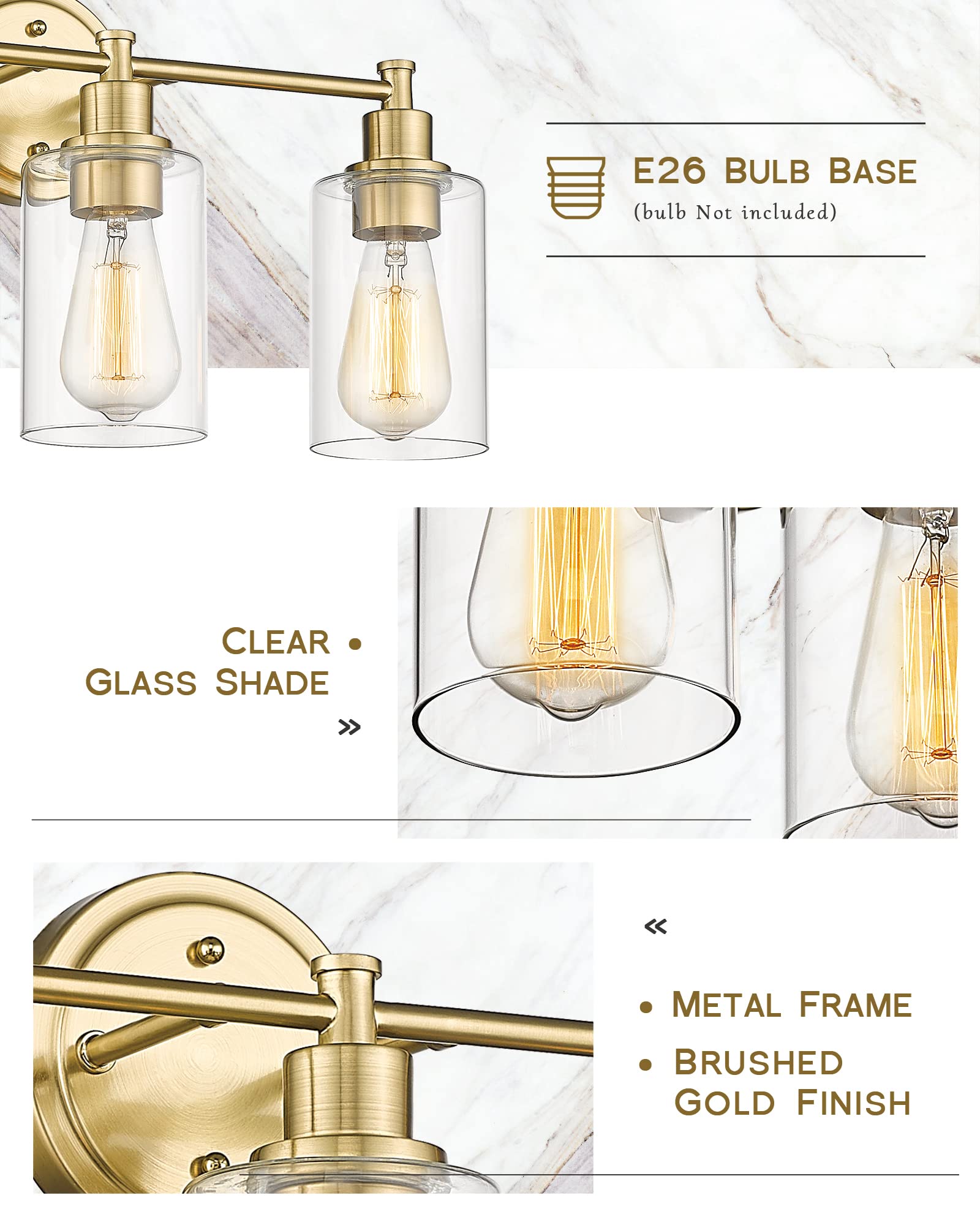FEMILA Bathroom Vanity Light,Farmhouse Modern Vanity Lighting fixtures,Vintage Wall Lamp, Champagne Bronze Finish with Clear Glass Shade,4FYC56B-3W BG