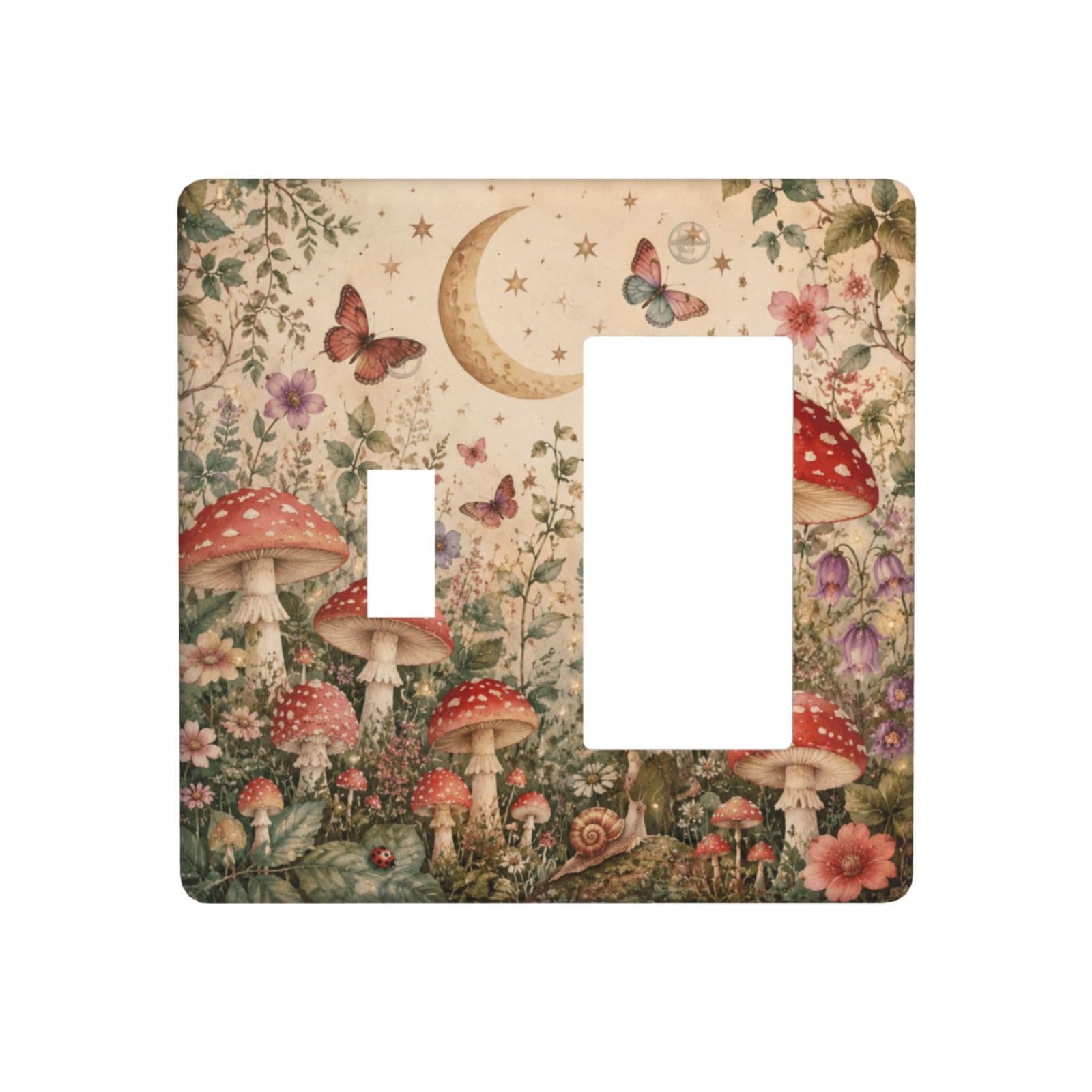 Dwbguo Decorative Outlet Covers Watercolor Mushroom & Moon 2-Gang 1-Gang Wall Plate Single Toggle/Rocker Vintage Butterfly Floral Light Switch Covers Switch Plate Cover for Bedroom Bathroom Decor