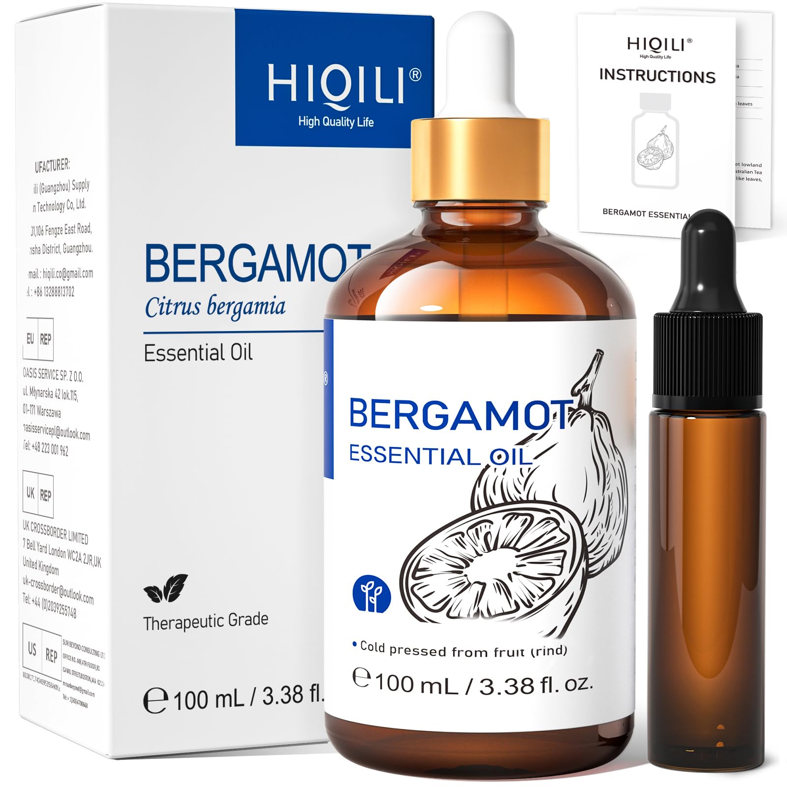 HIQILI Bergamot Essential Oil for Diffuser, Skin &amp; Hair