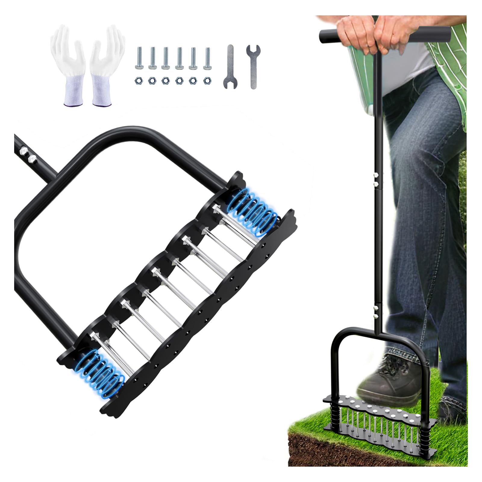EPROICKS Aireador De Césped,Escarificador De Cesped,Escarificador Manual con 14 Púas, Capaz De Penetrar 6,8 Cm En El Suelo; Ideal para Jardines, Aireación De Césped y como Herramienta De Jardinería