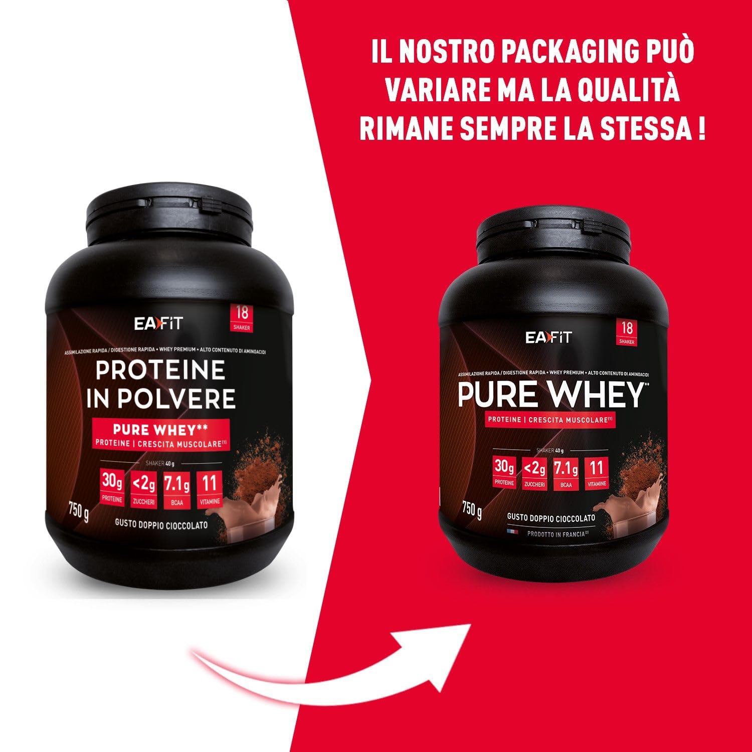 Proteine in Polvere Whey 750 g Gusto Doppio Cioccolato | 30 g per Shaker Proteine | Whey Protein Concentrate e Isolate | BCAA + L-Glutammina + Taurina | Integratore per Massa Muscolare|Con 11 Vitamine