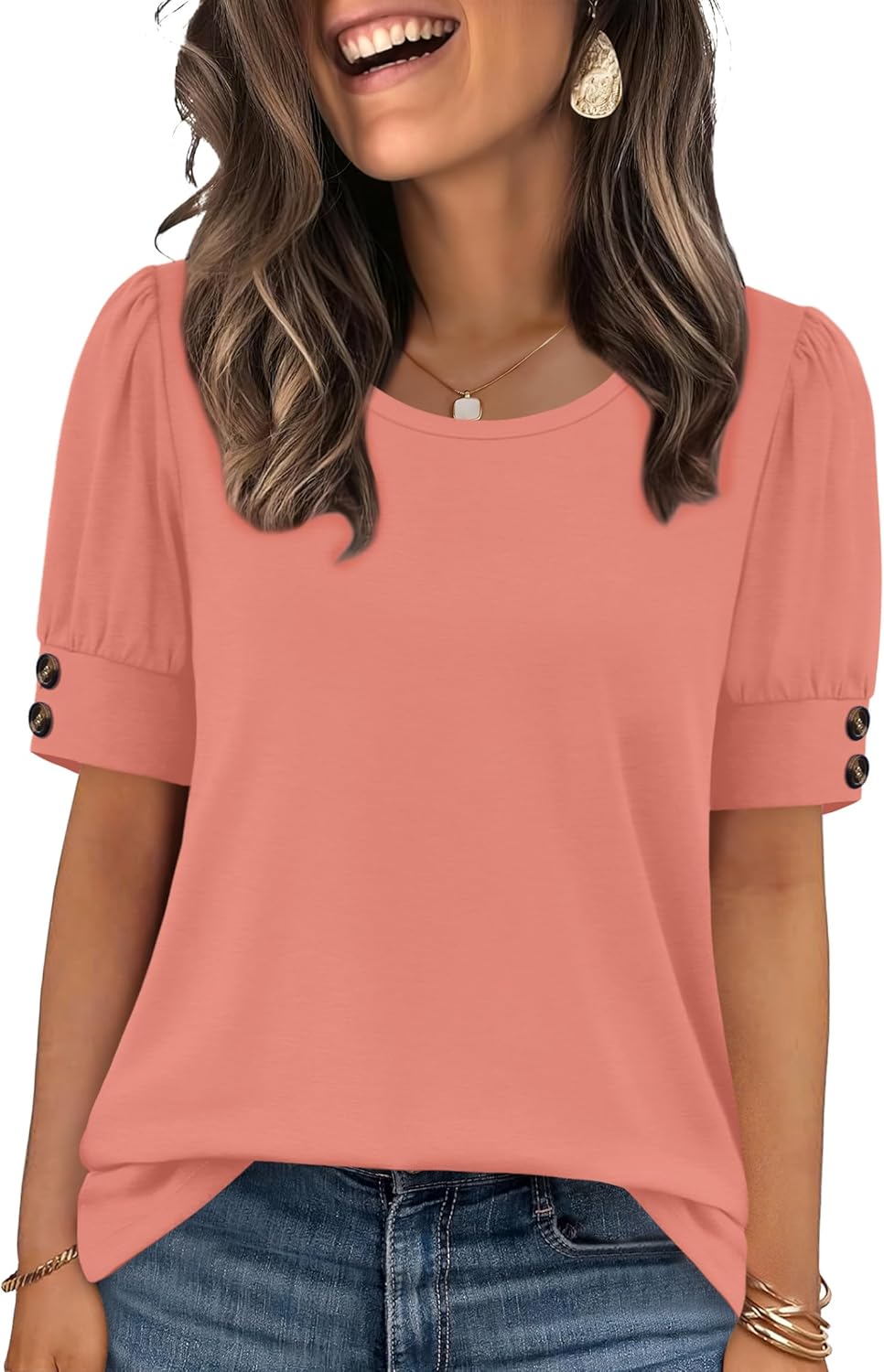 OFEEFAN Womens Tops Short Sleeve Shirts with Buttons Spring Fashion Blouses Dressy Casual Plus Size Summer Outfits - Image 2