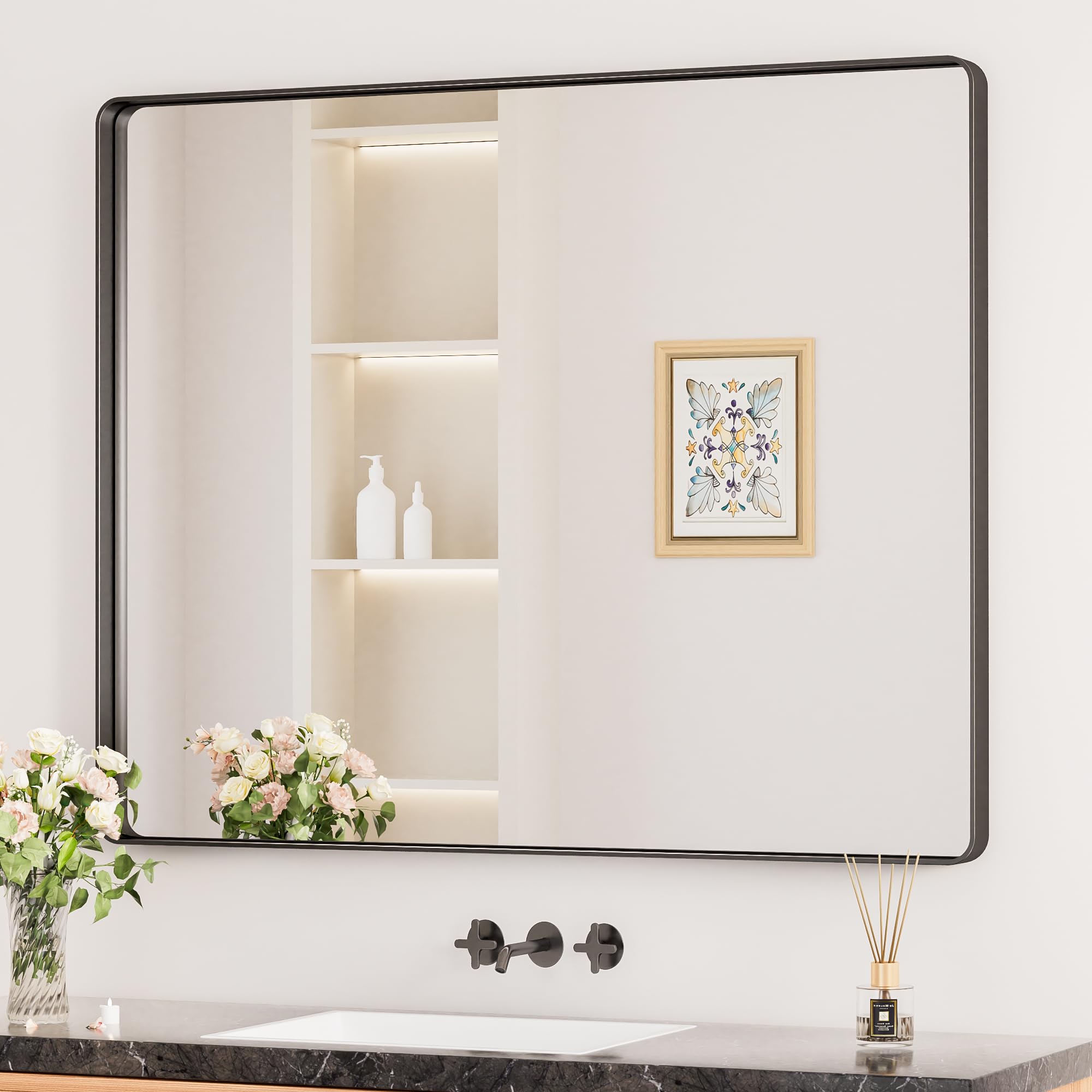 Keonjinn Black Rectangular Bathroom Mirror 105x90cm, Wall Mirror Aluminium Metal Frame HD Glass Vanity Mirror for Bedroom Living Room Entryway Home Decor