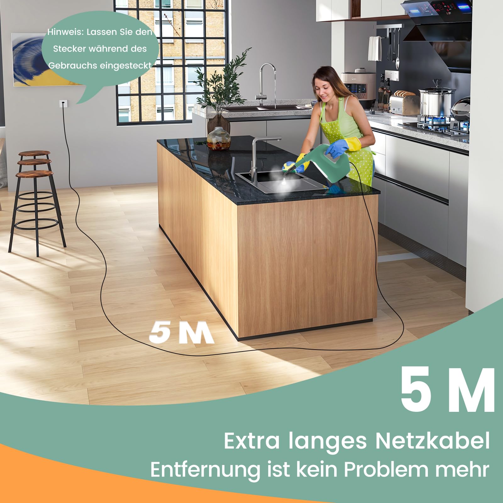 COSTWAY Myjka parowa 1500 W, zbiornik: 400 ml, temperatura: do 125℃, czas nagrzewania: 1 min, ciśnienie pary: 2 bar, urządzenie ręczne z 14 akcesoriami i kablem sieciowym 5 m (zielona)