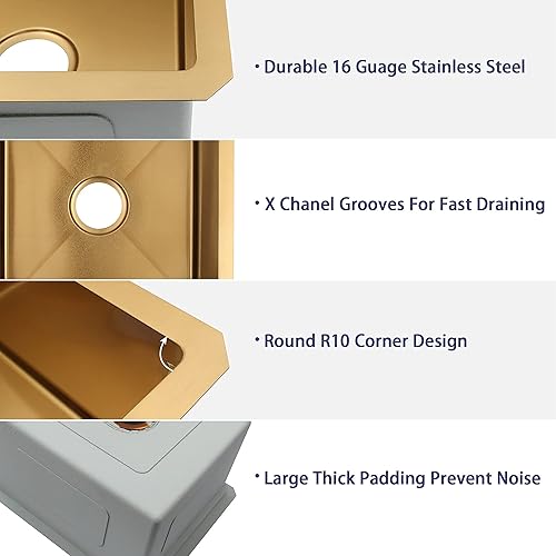 Miniatura 6 de Lonsince Fregadero de barra de montaje inferior, fregadero de barra dorada de 17 x 19 pulgadas, fregadero pequeño de RV, fregadero de bar y