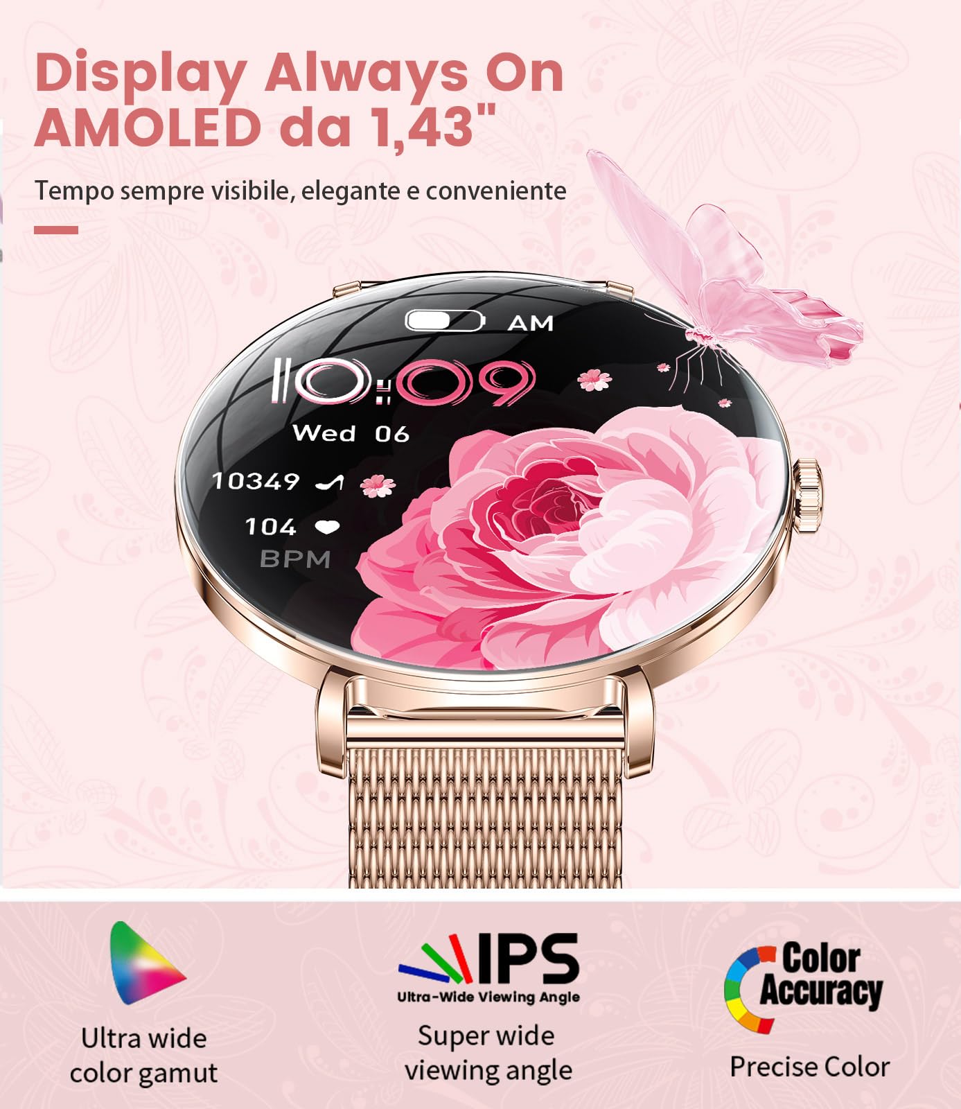 Smartwatch Donna con Chiamate,1,43" AMOLED Orologio Fitness Ultra Sottile con 2 Cinturini, 100+ Modalità Sportive, 24H Cardiofrequenzimetro, Monitoraggio Sonno, Ciclo Mestruale, IP68, per Android iOS