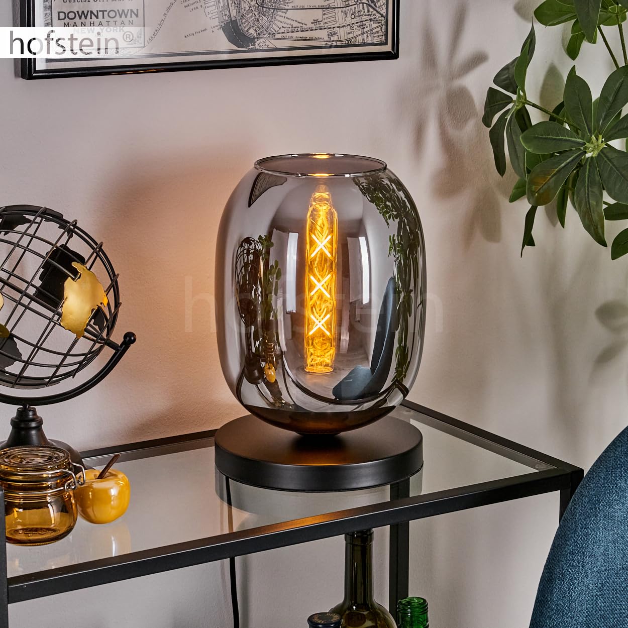 Tischleuchte Apedo, Tischlampe aus Metall/Glas in Schwarz/Rauchfarben, Leuchte im modernen Retro/Vintage-Design mit Schirm aus Glas (Ø 20 cm) u. An/-Auschalter am Kabel, 1 x E27, ohne Leuchtmittel