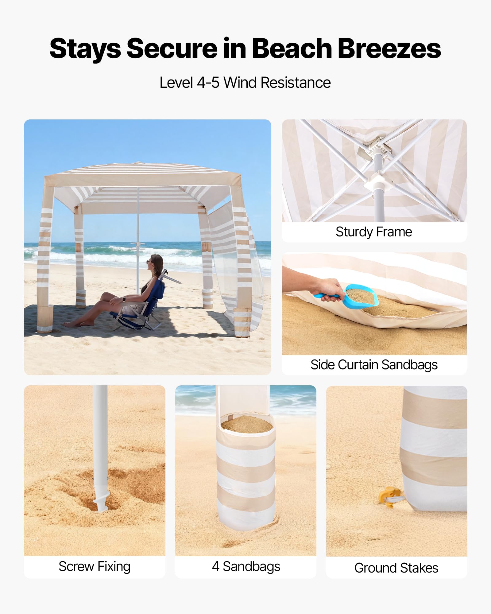 VEVOR Cabaña de Playa de 2,4 x 2,4 m, con Pared Lateral, Protección Solar UPF 50+, Incluye Sacos de Arena, Altura Ajustable y Portátil, Ideal para Toda la Familia y Amigos, Rayas Caqui y Blanco