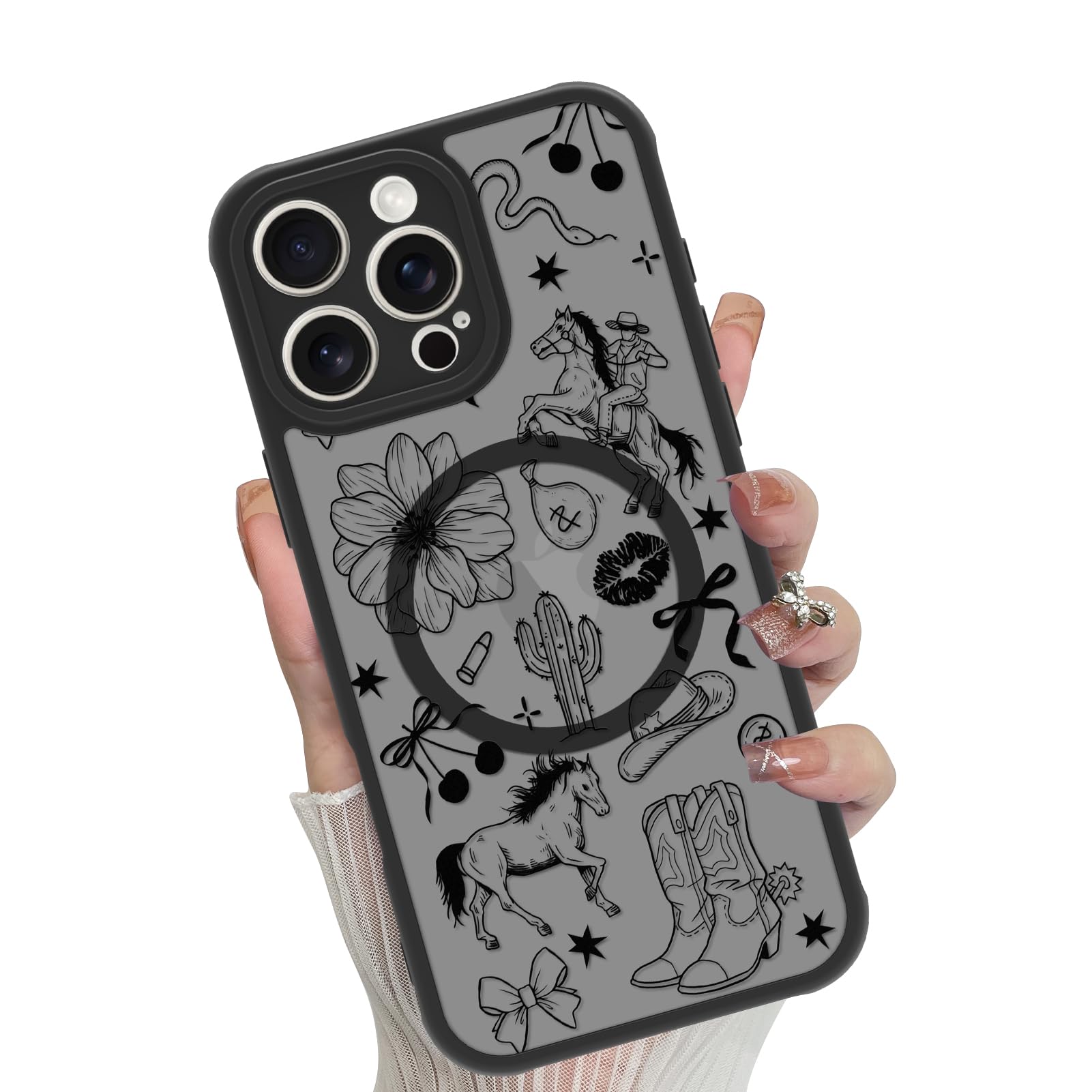MOWIME Magnetic for iPhone 16 Pro case [Compatible with MagSafe] Cute Western Cowboy Floral Translucent Matte Hard Back Shockproof Anti-Scratch Phone