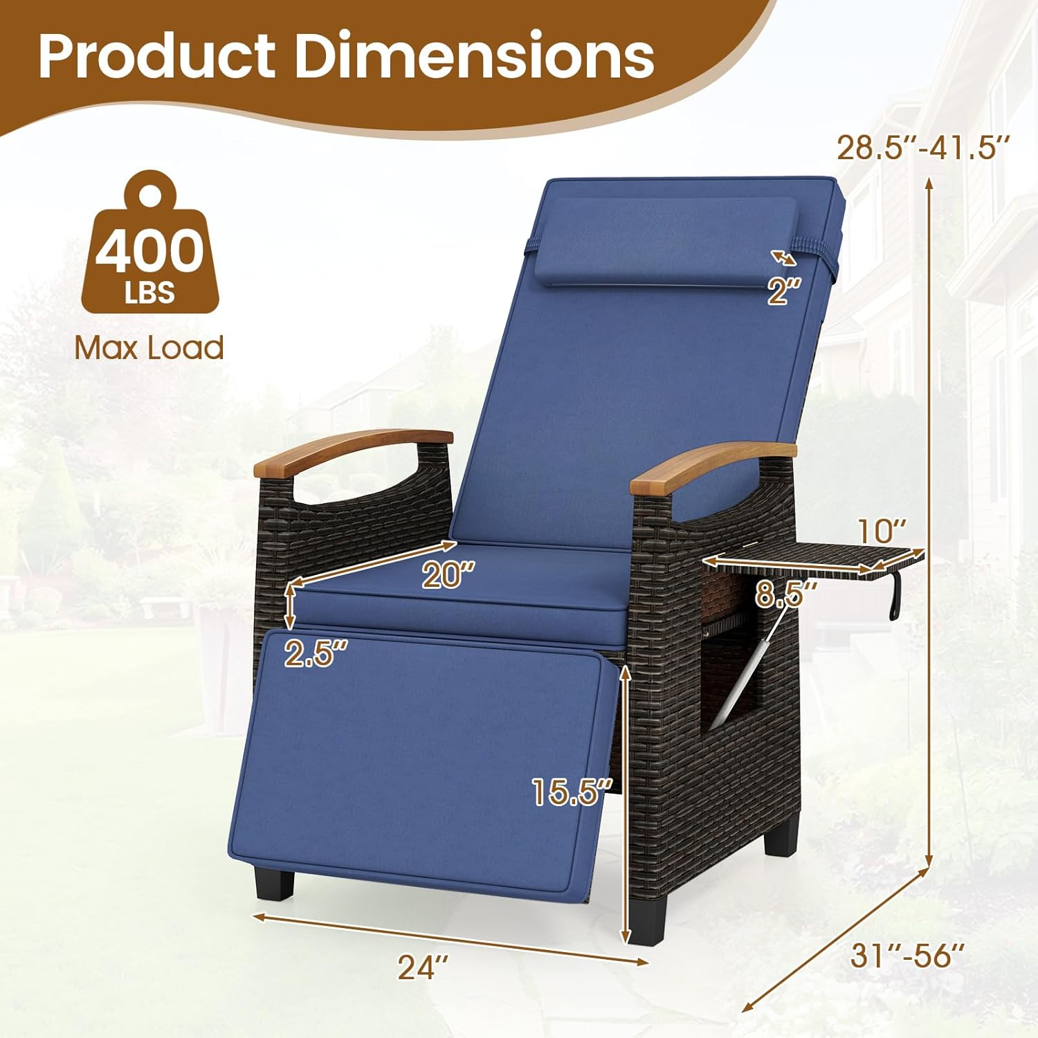 LDAILY Moccha Wicker Outdoor Recliner Chair - Rattan Lounge Chair with Adjustable Backrest & Footrest, Flip Side Table, Cushion, Push Back Reclining Seat for Pool Yard Patio Porch Balcony (Navy)