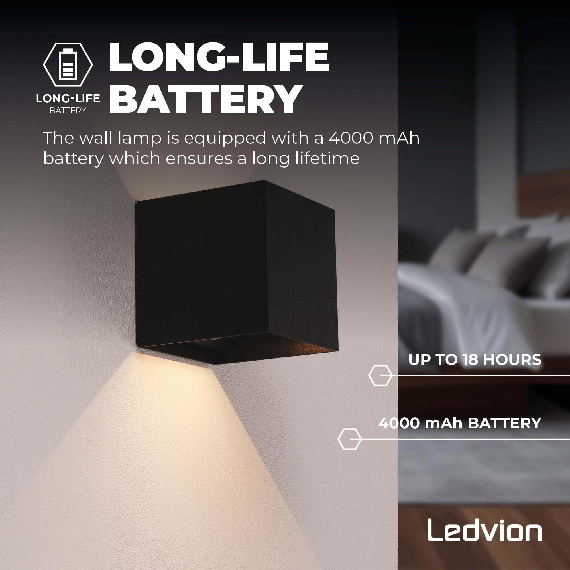 Ledvion - 2x Lampada da Parete LED Ricaricabile USB con Sensore di Movimento, Nera, Senza Fili, Luce Calda 2700K, 170 Lumen, Batteria 4400mAh, IP44, Applique LED da Parete per Interni