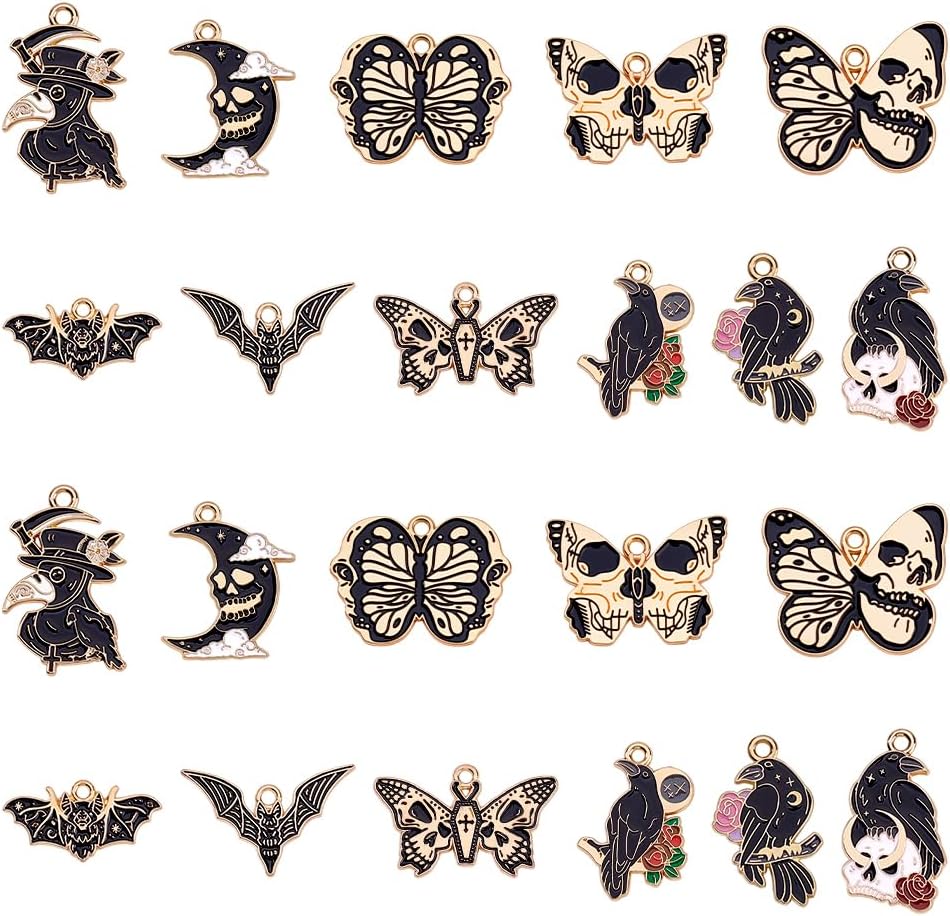 28Pcs 14 Styles Gothic Theme Charms Alloy Enamel Pendant Moon Butterfly Bat Halloween Party Decoration Gifts for Bracelets Necklaces Jewelry Making DIY Art Craft Findings