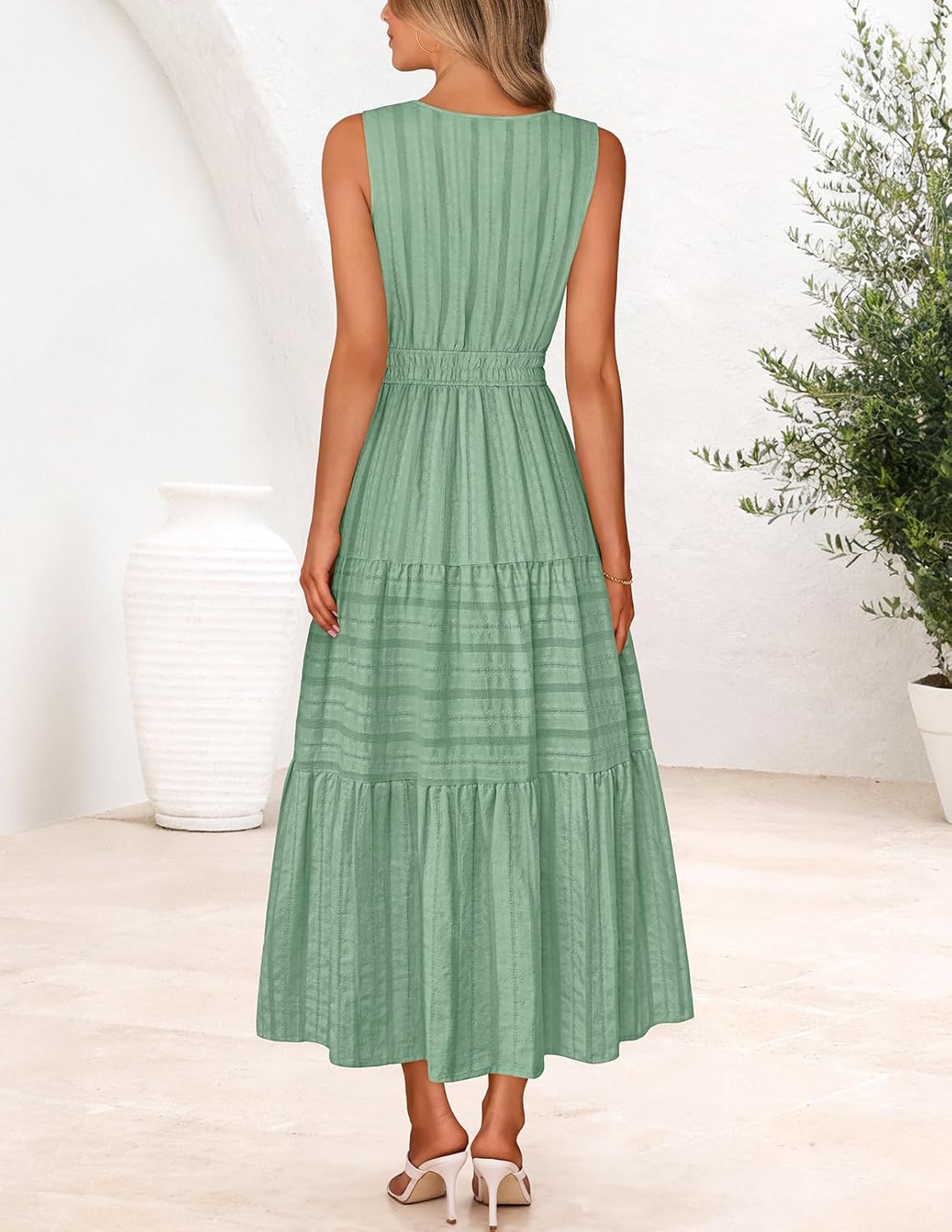 MEROKEETY Spring Summer Midi Dresses for Women 2026 Casual Beach Vacation Sleeveless Boho V Neck Cotton Maxi Dress Pockets - Image 3