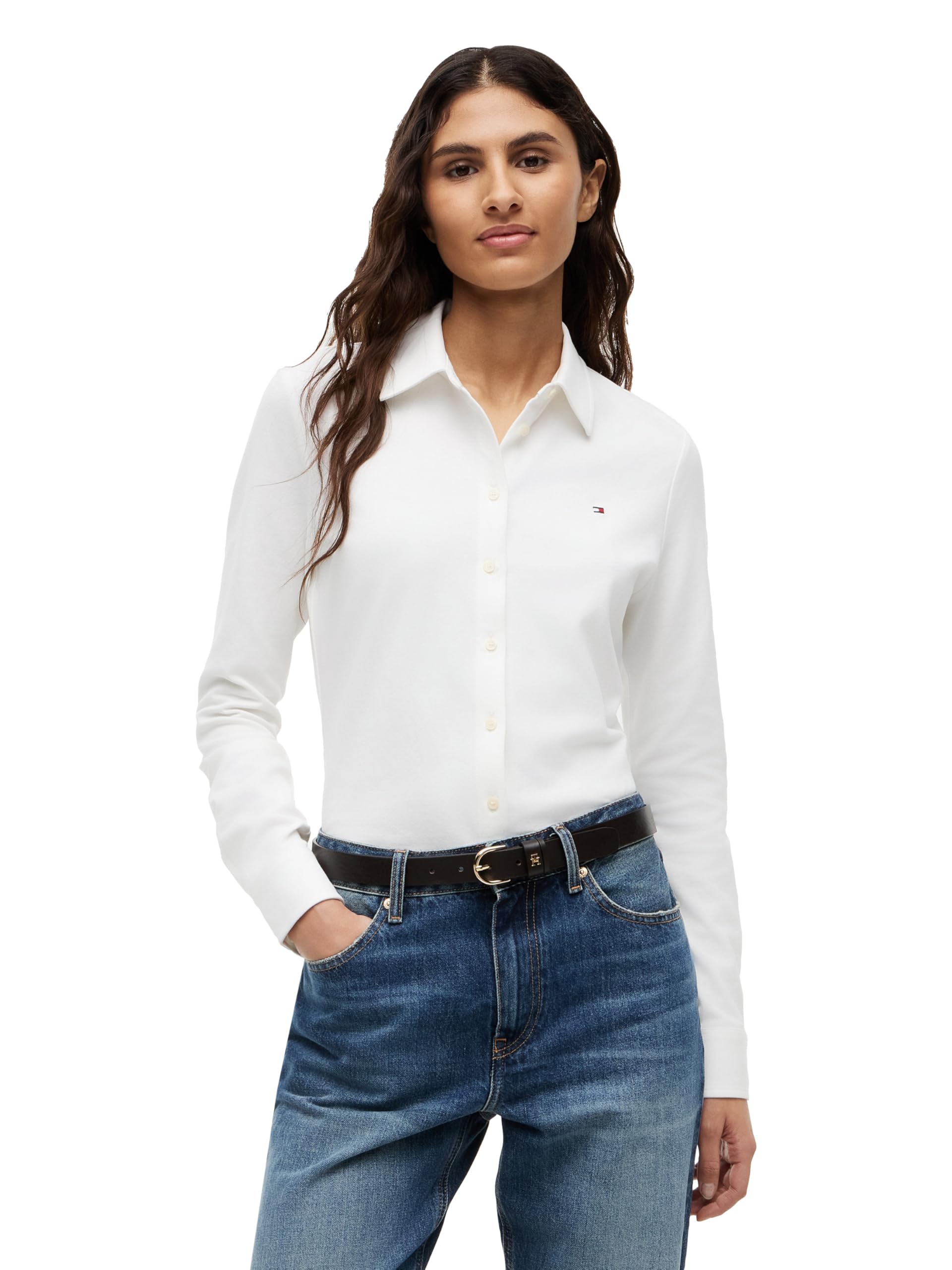 Women's Cotton Pique Long Sleeve Button Down Shirt in Slim Fit with Stretch