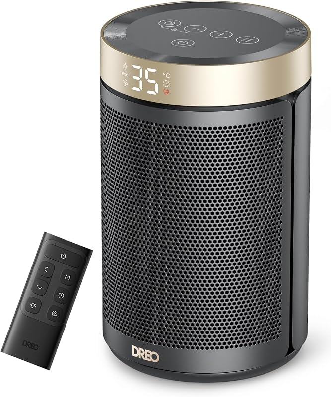 Dreo Termoventilatore a risparmio energetico, 34 dB, silenzioso, 1500 W, in ceramica PTC, termostato, protezione da surriscaldamento e ribaltamento, timer 12 ore, riscaldamento elettrico per camere da