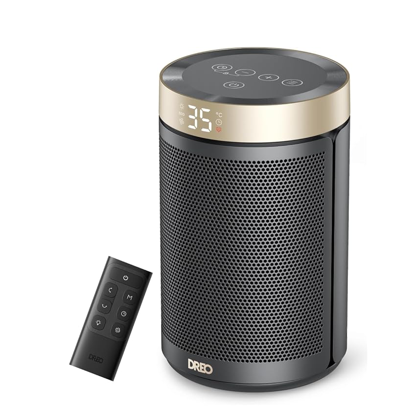 Dreo Termoventilatore a risparmio energetico, 34 dB, silenzioso, 1500 W, in ceramica PTC, termostato, protezione da surriscaldamento e ribaltamento, timer 12 ore, riscaldamento elettrico per camere da