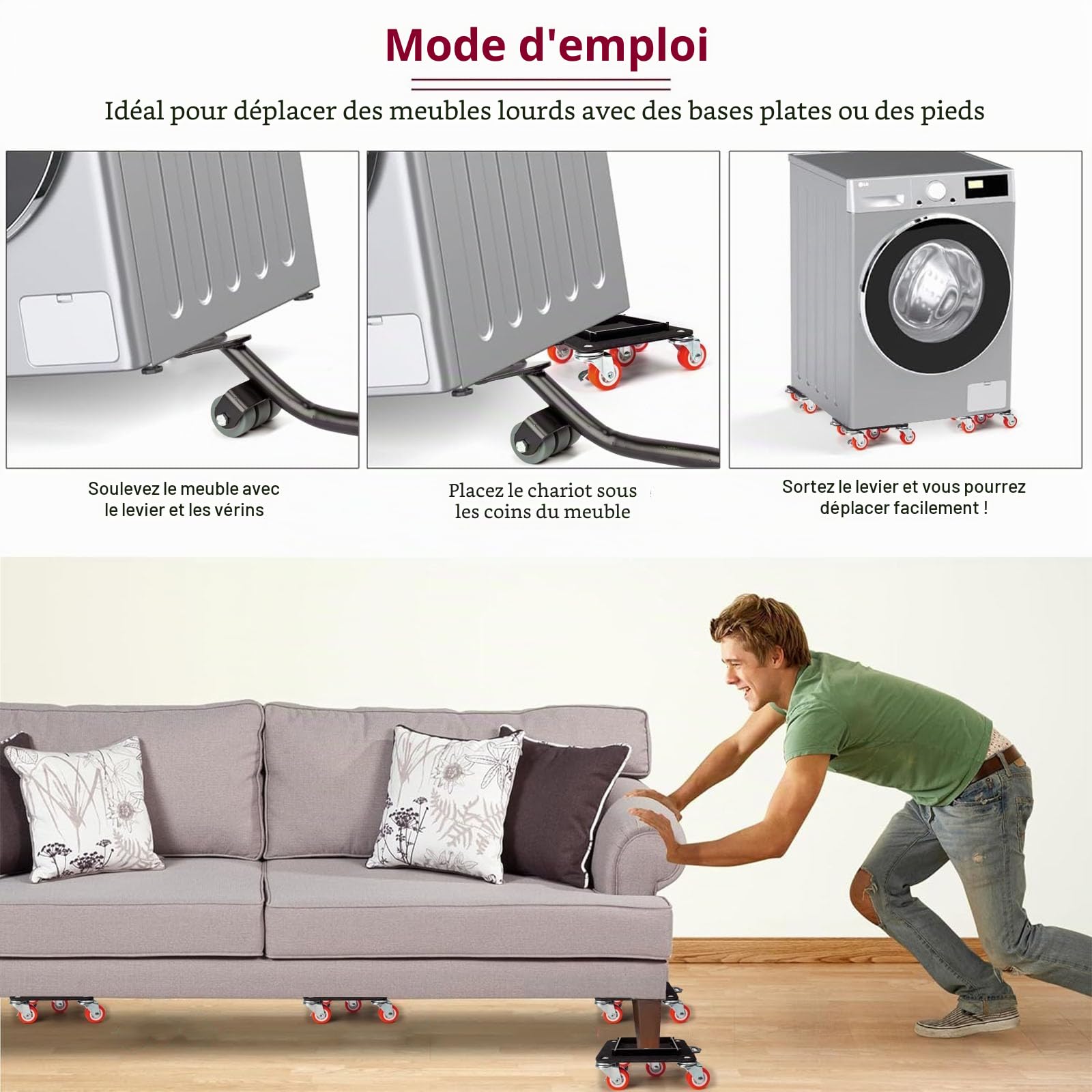 roulettes pour Meubles Lourds, Capacité de 1300 kg, Roulette Charge Lourde pour Déménagement de Meubles, 5 roulettes Pivotantes avec Kit Demenagement Latérale Amovible (Rouge)