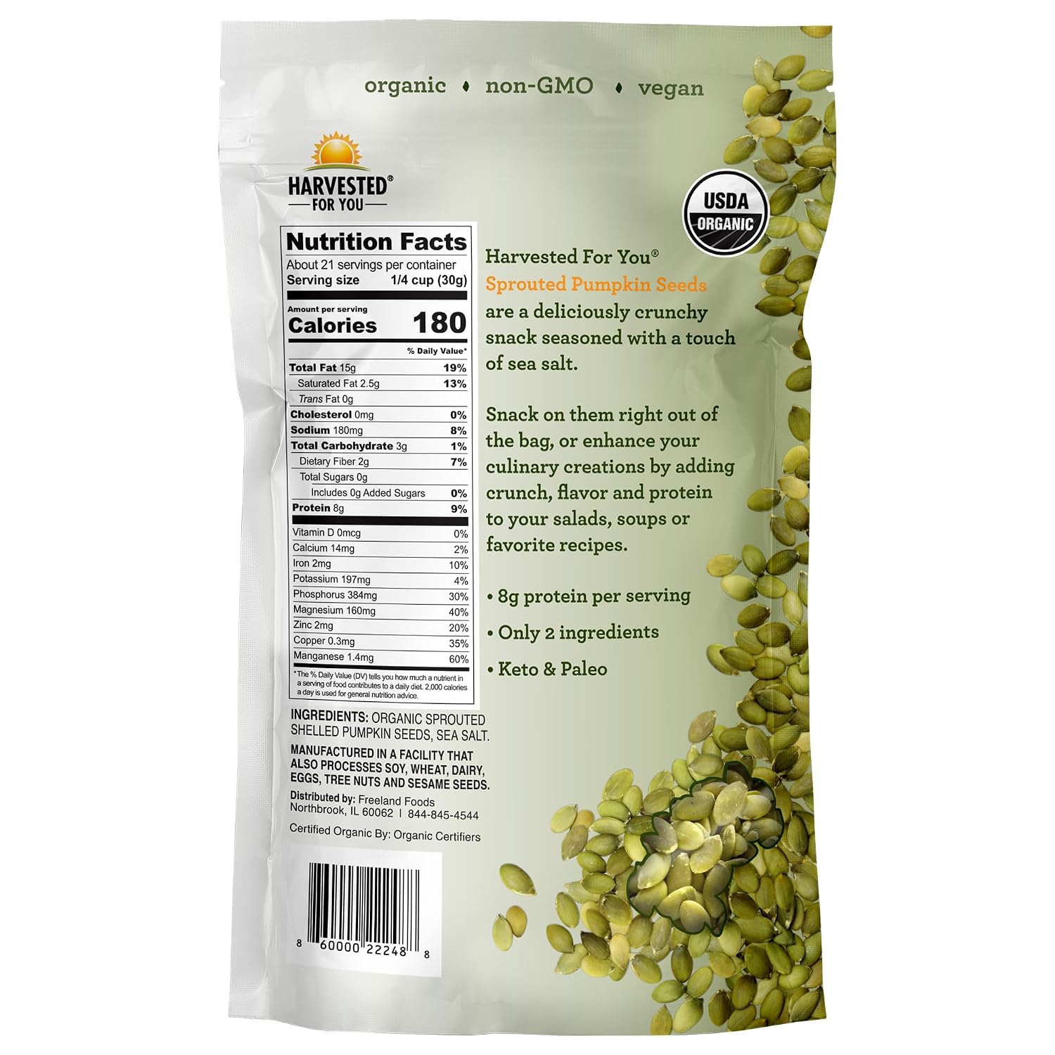  Sea Salted Sprouted Pumpkin Seeds, 22oz Bag, Non GMO, Paleo, Gluten Free, Vegan, Organic, Plant Based, Keto thumbnail