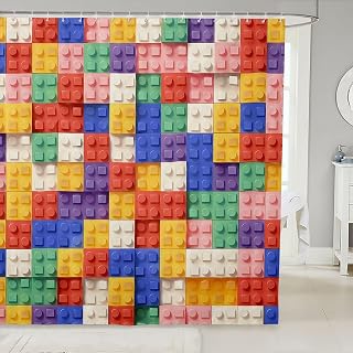Feelyou Building Block Print Shower Curtain 72x84 Inches Kids Brick Styles Bathroom Waterproof Accessories with 12 Hooks for Boys Teens Colorful Gaming Green Red Yellow Blue Room Decor