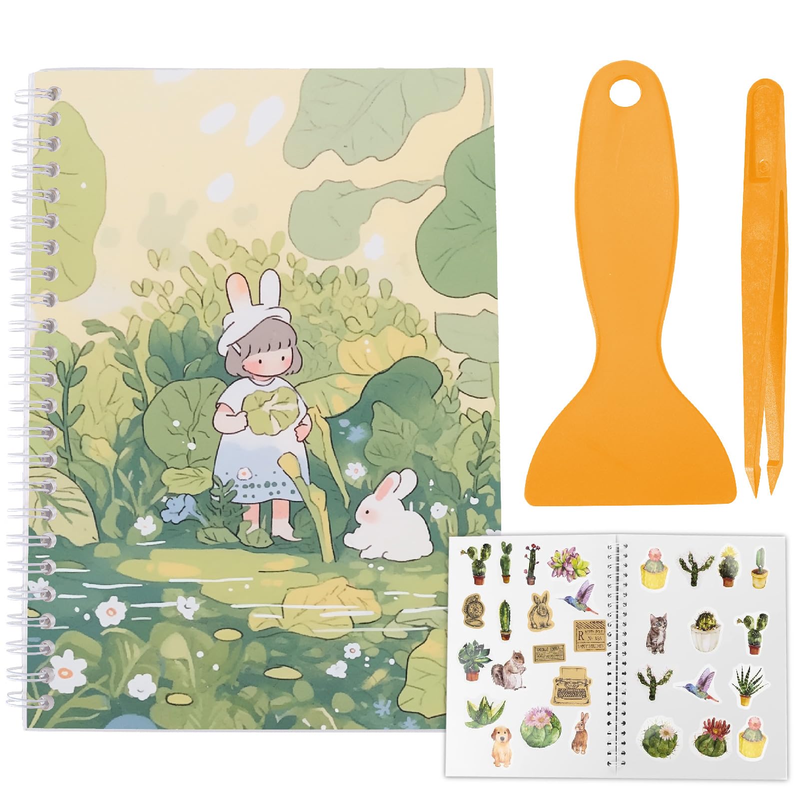CRASPIRE A5 Blank Stickers Book Reusable with Scraper Tweezer Universe Sticker Books Collecting Album Holder Organizer 40 Sheets Green Leaves Rabbit Cover Waterproof Release Paper for Storaging Labels