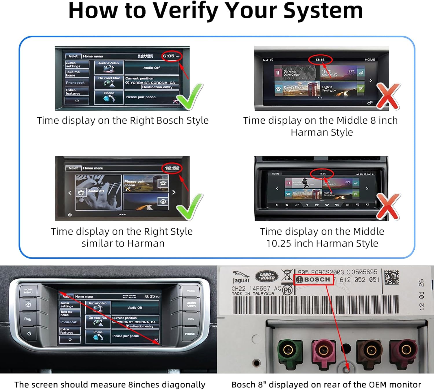 Visual guide on how to verify system compatibility, showing correct and incorrect time display styles and the Bosch label on the head unit.