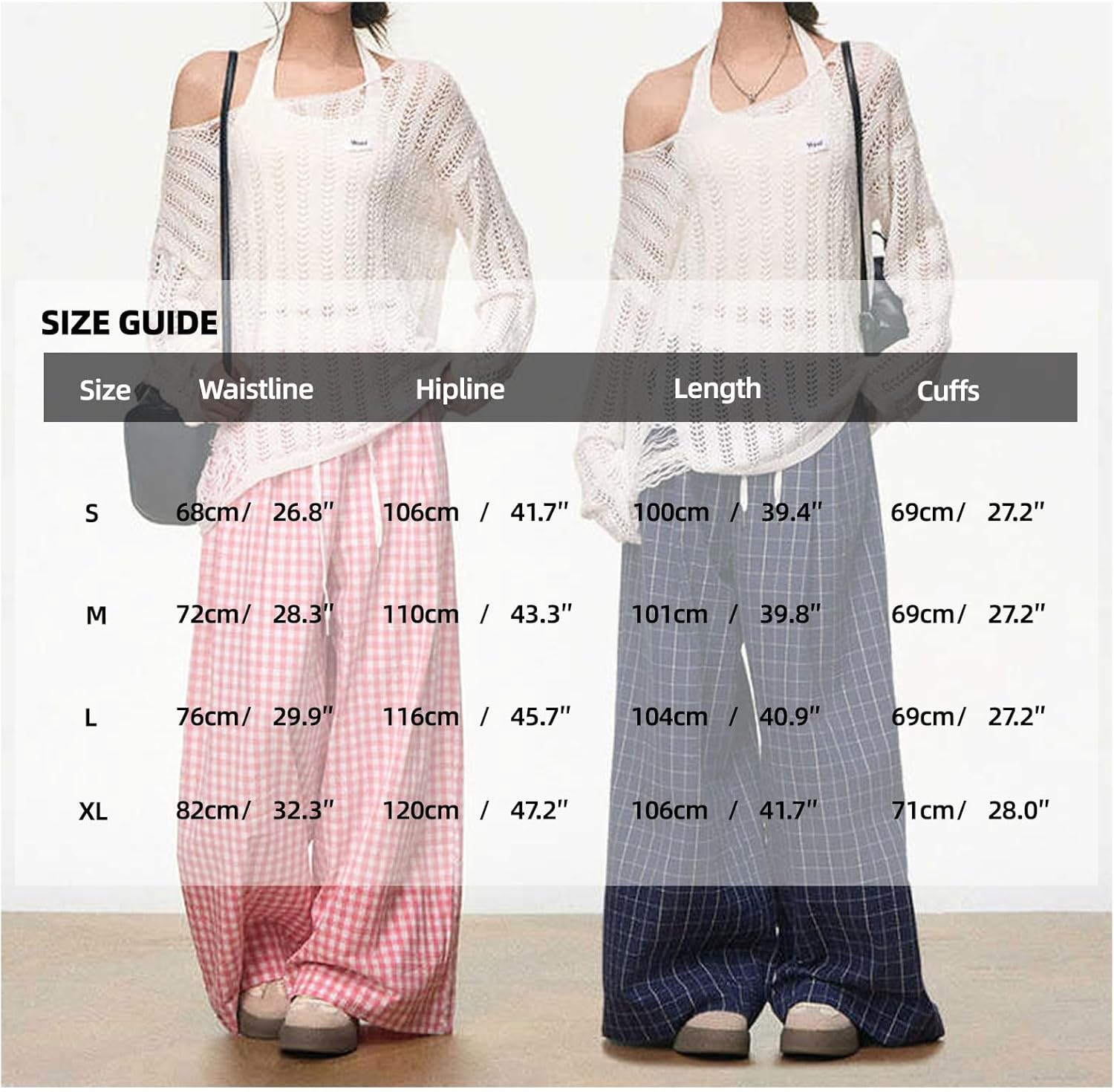 Women's Y2K Goth Baggy Wide Leg Plaid Pants Drawstring High Waist Color Blocking Casual Elastic Waist Trouser - Image 6