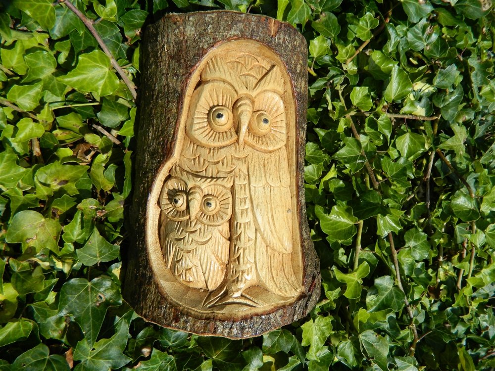 Thai Gifts Wooden Owl Carving - Hand Carved Half Tree Log - Mother And Baby Owl Design