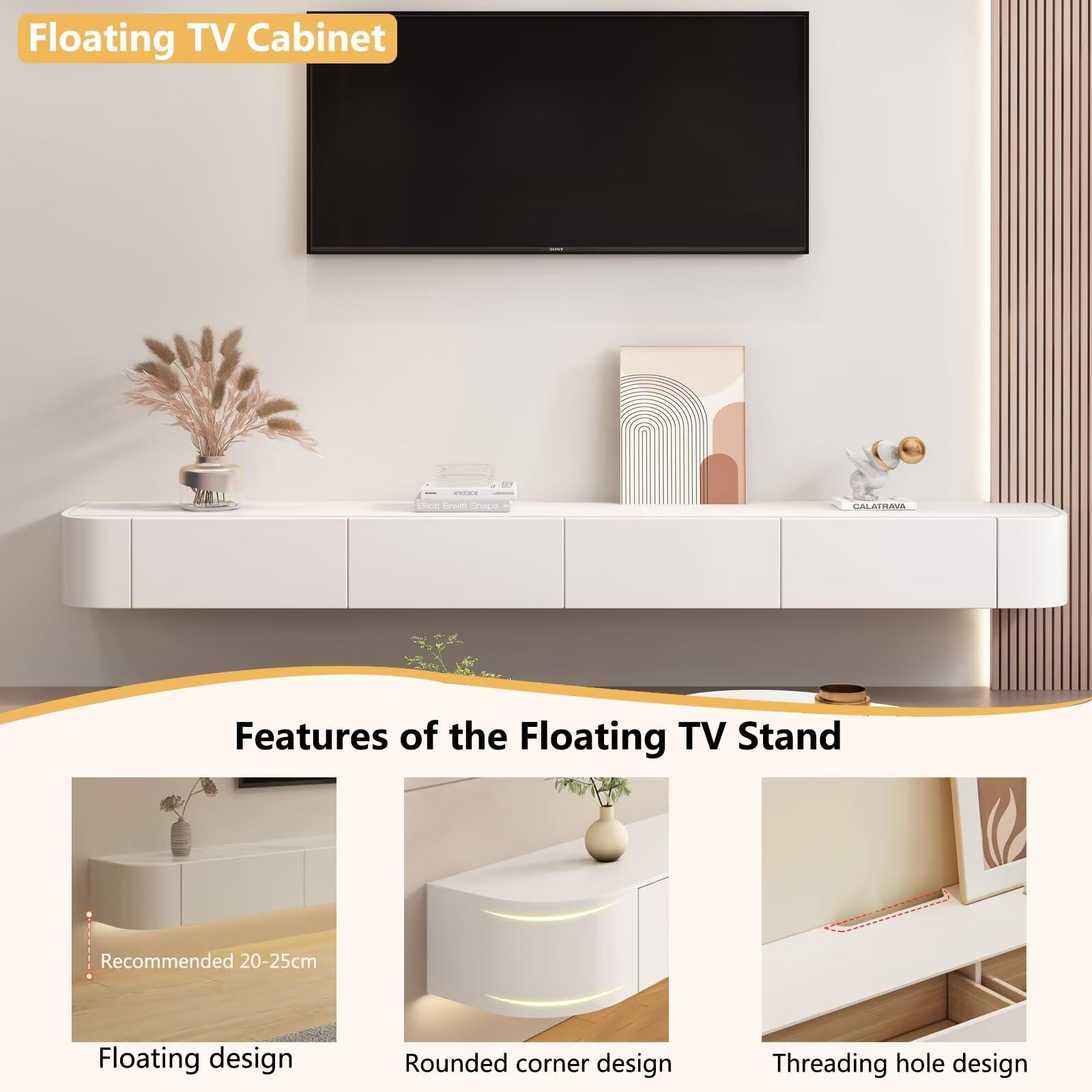 Moderner schwebender TV-Schrank Tv Cabinet for Living Room mit Schublade zur Aufbewahrung Holz Tv Lowboard Hängend Geeignet für Wohnzimmer oder Schlafzimmer (Weiß, 240cm/94.5in)