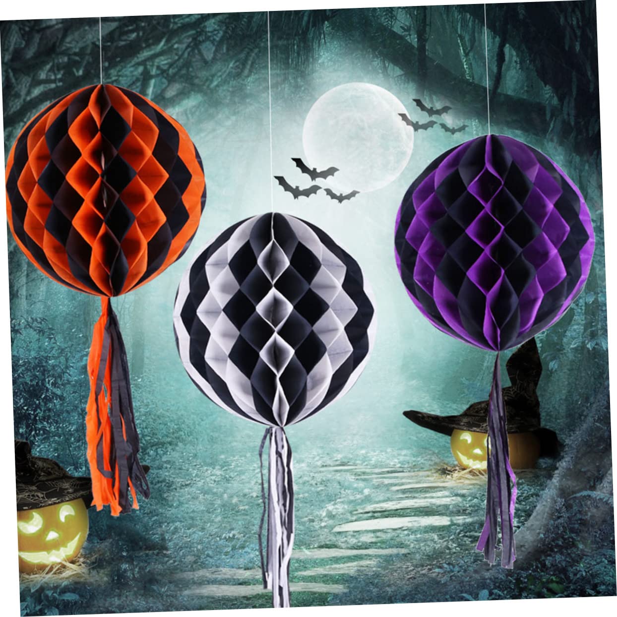 Kit 14 Lanterne Di Carta Decorazioni Halloween - Fiori, Sfere Nido D'Ape, Ventagli, Colori Nero/Arancione/Viola/Verde