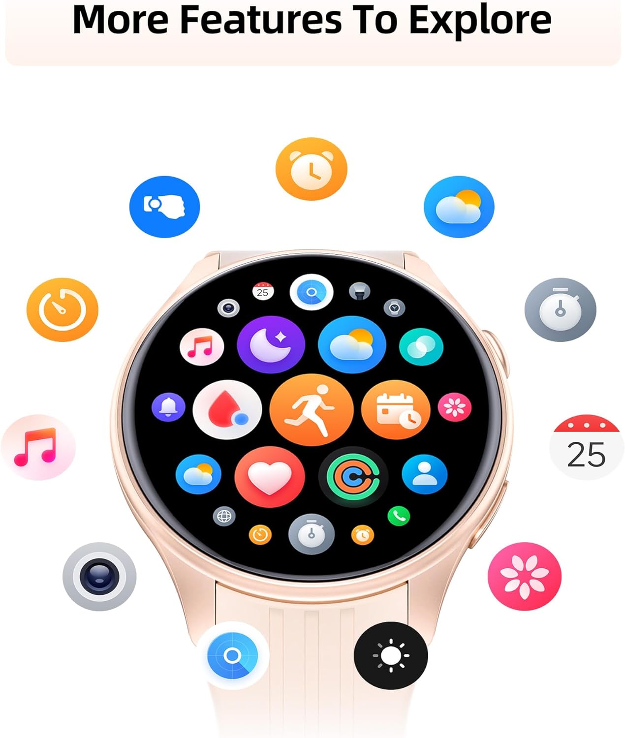 Smartwatch display showing various app icons for features like music, weather, camera, and alarms