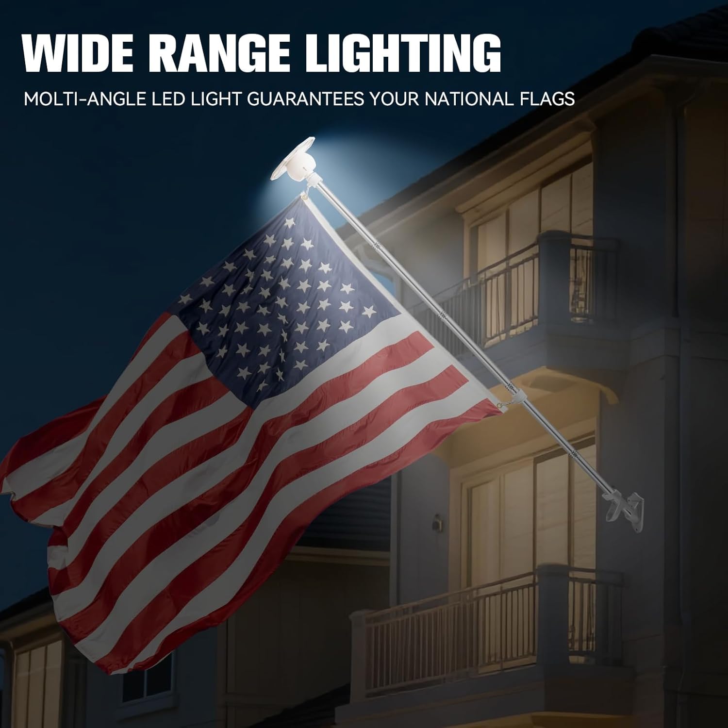5FT Flag Pole Kit with Solar Light and 3x5FT American Flag, Stainless Steel Flagpole with 120LED Solar Light Dusk to Dawn, Wall Mount with Adjustable Bracket for Outdoor Porch.