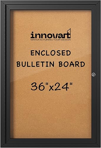 INNOVART Tablero de anuncios cerrado de 36 x 24 pulgadas tablero de anuncios de corcho con cerradura con marco de aluminio negro vitrina de pared