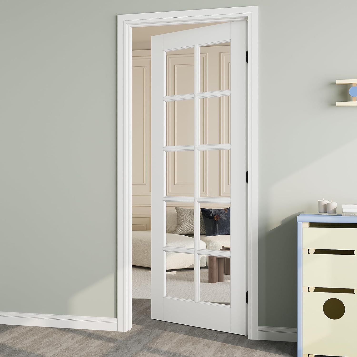 30" x 80" French Doors Slab, 10-Lite Clear Glass Interior Door for Hallway, Bedroom Door with Window, White Finished & Paintable, MDF Door Panel w/o Borehole or Hinges