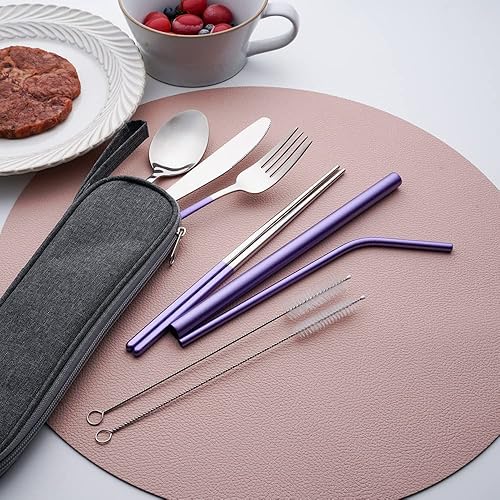 Miniatura 5 de Juego de utensilios portátiles, juego de cubiertos de viaje reutilizables con funda, juego de cubiertos de acero inoxidable para camping, 8 piezas,