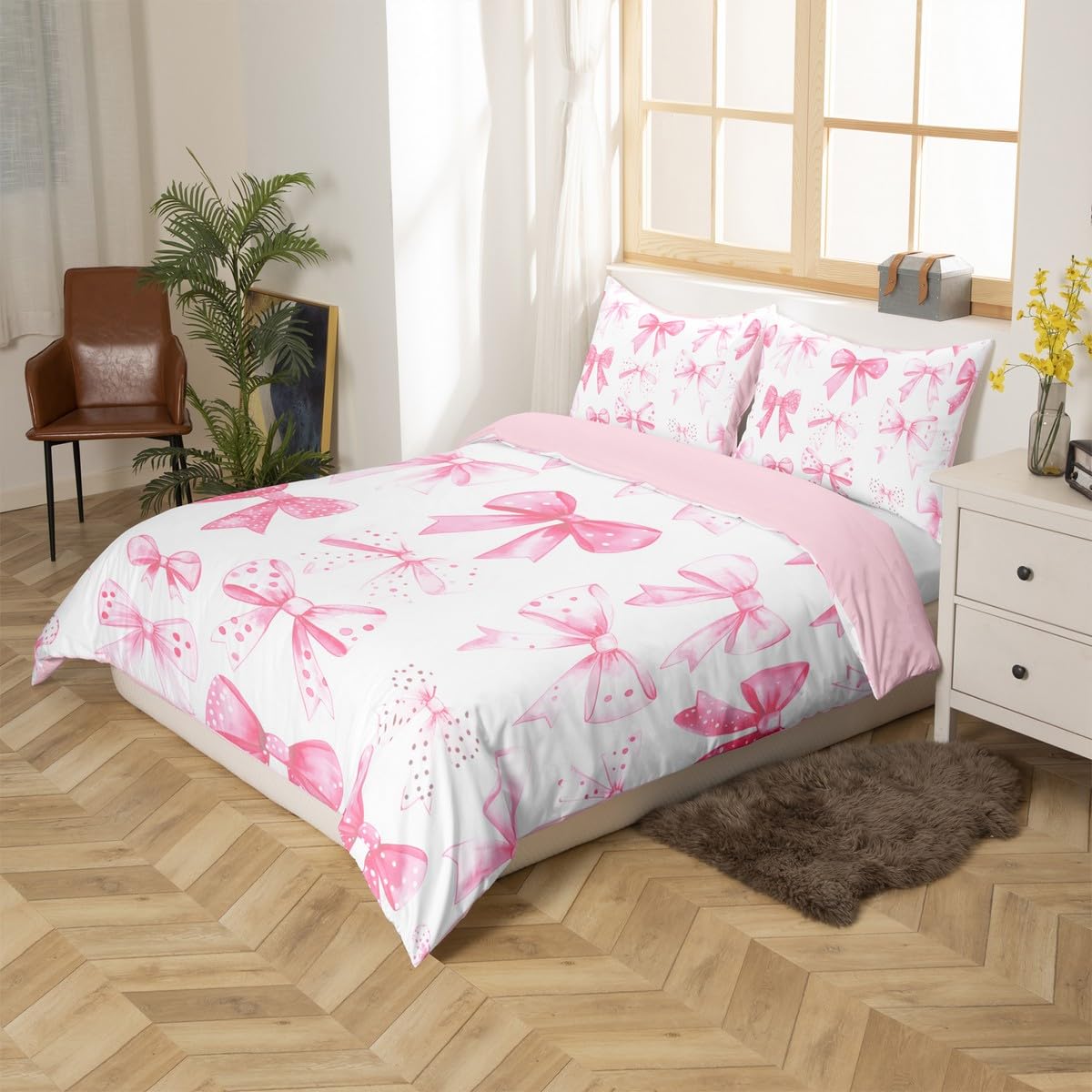 Homewish Pink Ribbon Bow Duvet Cover Princess Girls Bedding Sets, Watercolor Ribbon Bowknot Bed Cover Dreamy Coquette Bed Set King - Image 2