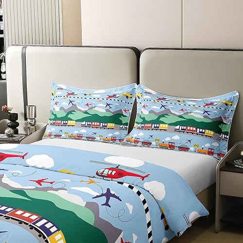 Miniatura 4 de jejeloiu Funda de edredón de avión, 100% algodón, juego de funda de edredón de tren para niños, juego de ropa de cama con diseño de camión de