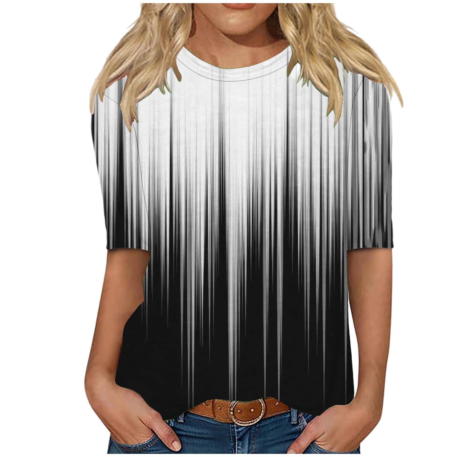 LRMQSWomens Elbow Length Sleeve Tops 2024 Spring Summer Floral Print Crew Neck T-Shirts Blouses Trendy Boho Clothes