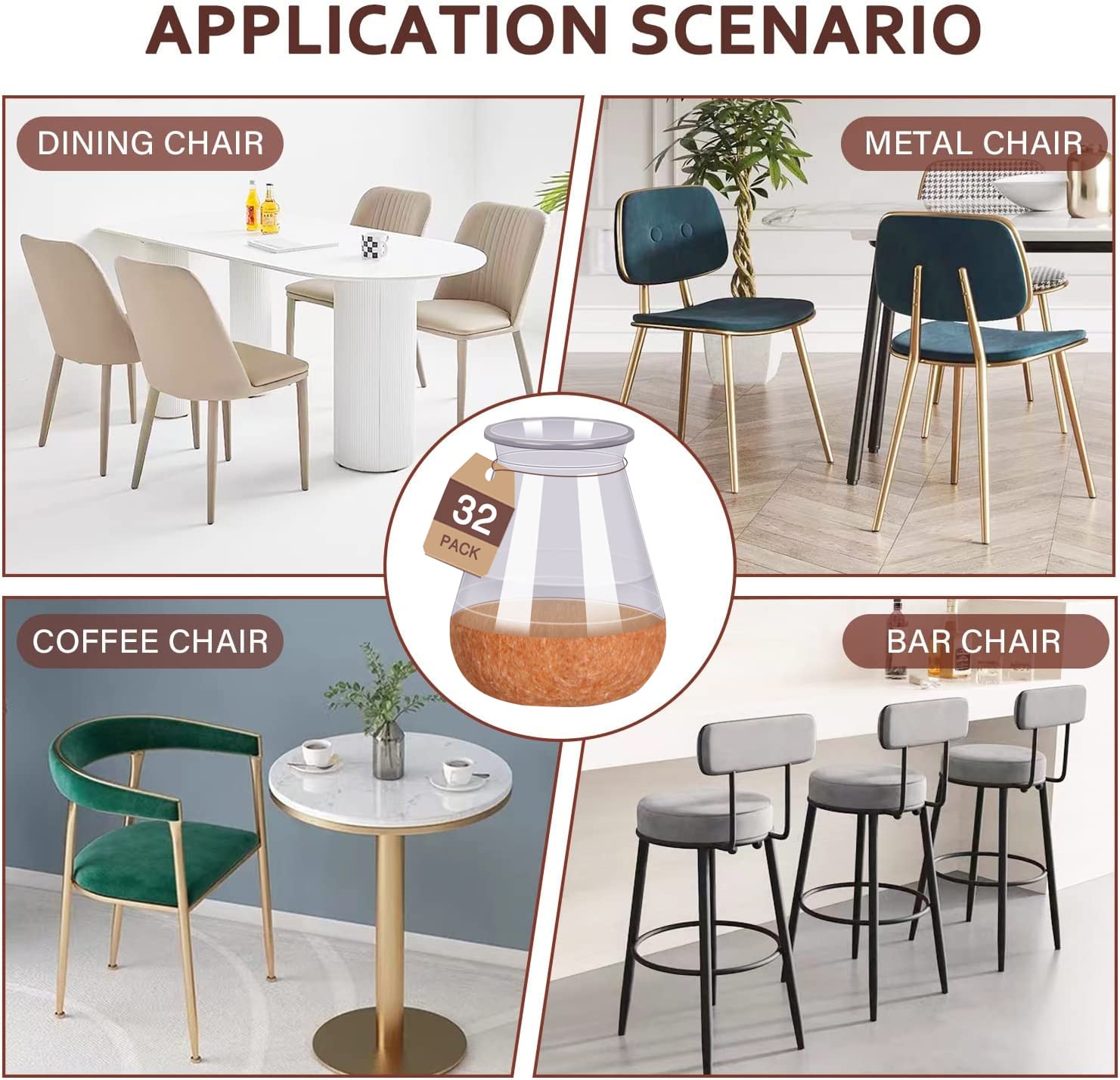 32 Pack Chair Leg Protectors, Rectangle Pads, Silicone Caps For