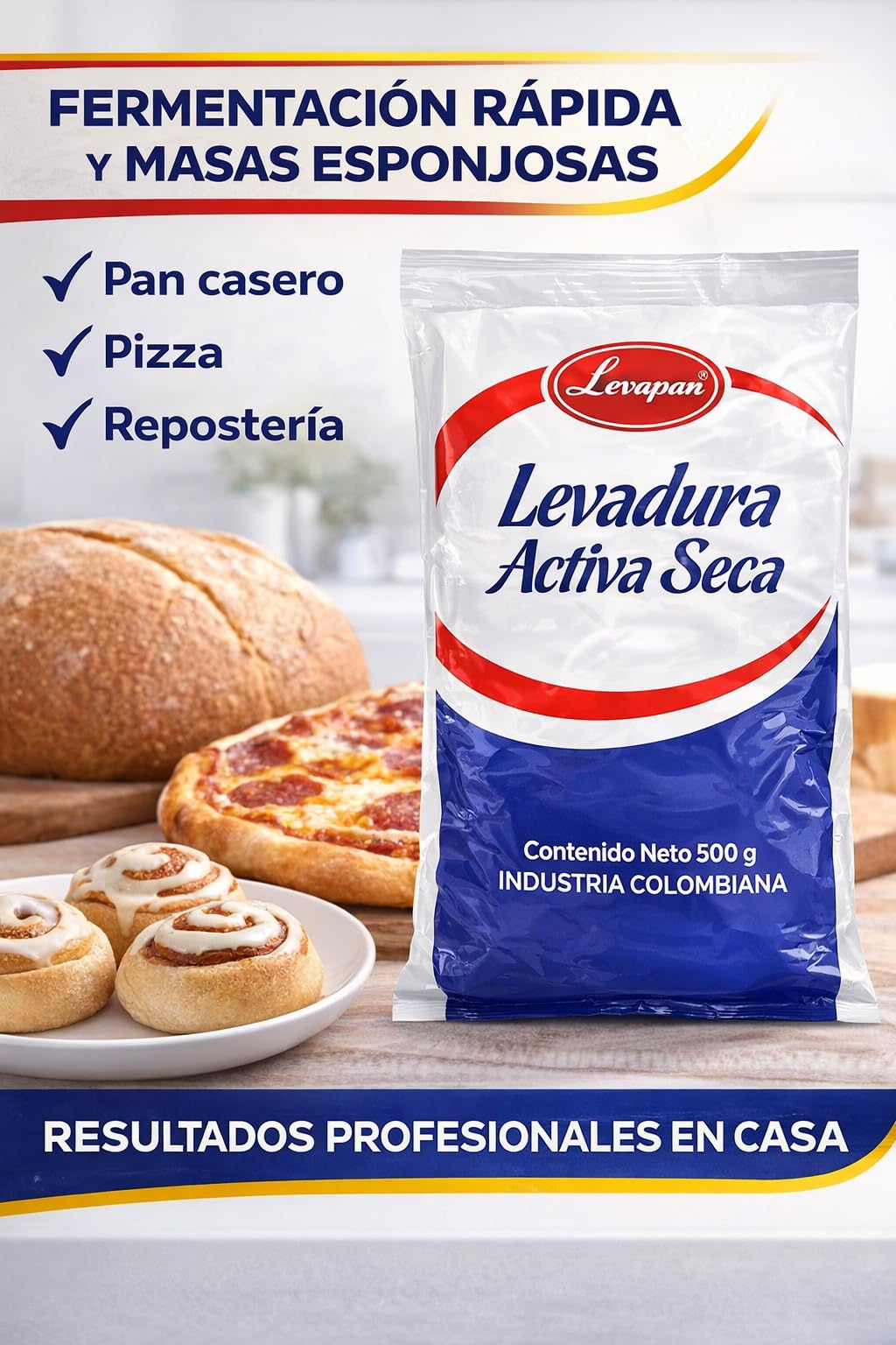Levadura Activa Seca Levapan 500g – Levadura para Pan y Repostería, Fermentación Rápida, Industria Colombiana