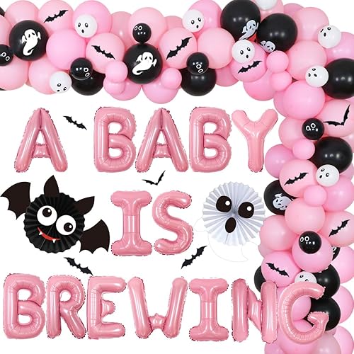 Miniatura 1 de Decoraciones de Halloween para baby shower para niña  Un bebé está preparando globos rosa y negro, kit de arco de guirnalda de globos fantasma,