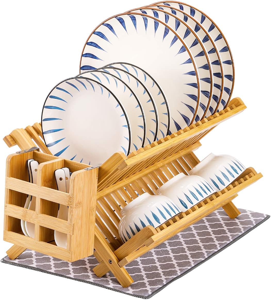 MJM Dish Rack Set Bamboo Dish Drying Rack Dish Drainer Kitchen Rack Dish Holder Plate Rack Drying Mat Collapsible Dish Rack Kitchen Counter Dish Dryer Utensil Holder